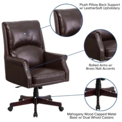 Merrick Lane Ergonomic Executive Office Chair With High Pillowed Back & Rolled Arms In Brown Faux Leather With Mahogany Finish Base -Cheap Furniture Store GUEST 01541186 58ce 4380 8c08 5cfe98857d45