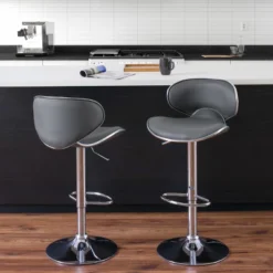 Set Of 2 Curved Form Fitting Adjustable Bonded Leather Barstool Dark Gray - CorLiving