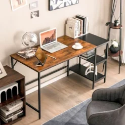Costway 55'' Computer Desk Writing Workstation Study Table Home Office With Bookshelf Black/Rustic