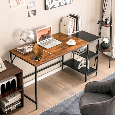 Costway 55'' Computer Desk Writing Workstation Study Table Home Office With Bookshelf Black/Rustic 1 Costway 55'' Computer Desk Writing Workstation Study Table Home Office With Bookshelf Black/Rustic