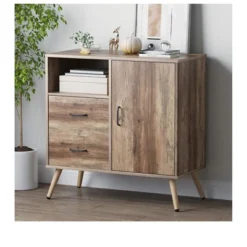 Year Color Rustic Storage Cabinet With 2 Drawers, Door, Shelf Accent, And Metal Base For Bedroom, Living Room, Entryway, And Home Office