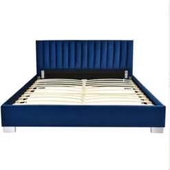 Costway Upholstered Bed Frame Full Size Modern Platform Bed With Vertical Channel Headboard No Box Spring Needed Navy/Grey
