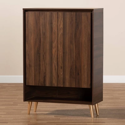 Landen Mid - Century Modern 2 Doors Shoe Storage Cabinet Walnut/Brown/Gold - Baxton Studio 8 Landen Mid - Century Modern 2 Doors Shoe Storage Cabinet Walnut/Brown/Gold - Baxton Studio - Image 8