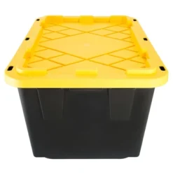 GreenMade Professional Storage Ultra Durable 27 Gallon Plastic Storage Tote Bin With Snap Fit Lid And Padlock Holes, Black And Yellow (4 Pack)