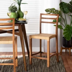 Arthur Wood And Rattan Counter Height Barstool Natural/Walnut - Bali & Pari