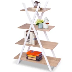 Costway 4-Tier Bookshelf Storage Display Shelves Bookcase Ladder X-Shape -Cheap Furniture Store GUEST 5d410946 5e78 4fc8 99b1 49bdf8079252