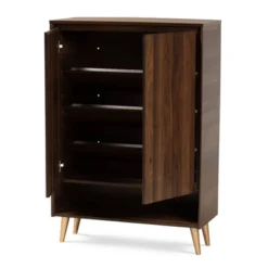 Landen Mid - Century Modern 2 Doors Shoe Storage Cabinet Walnut/Brown/Gold - Baxton Studio