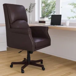 Merrick Lane Ergonomic Executive Office Chair With High Pillowed Back & Rolled Arms In Brown Faux Leather With Mahogany Finish Base -Cheap Furniture Store GUEST 8d668877 bf70 4026 8f32 a82c131e83d1