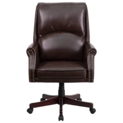Merrick Lane Ergonomic Executive Office Chair With High Pillowed Back & Rolled Arms In Brown Faux Leather With Mahogany Finish Base -Cheap Furniture Store GUEST a0c441b2 6f6a 4ebd a0ae 32d33ae9c788