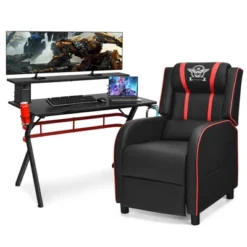 Costway Gaming Desk & Chair Set 48'' Computer Desk & Massage Recliner Chair Black + White/Blue/Pink/Red -Cheap Furniture Store GUEST b11fe97e 9b27 4d94 8d7d b86241673d04