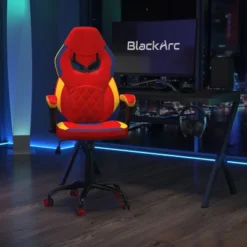 BlackArc High Back Gaming Chair With Red And Yellow Faux Leather Upholstery, Adjustable Swivel Seat And Padded Flip-Up Arms