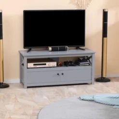 HOMCOM TV Cabinet Stand For TVs Up To 46 Inches, Entertainment Center With Storage Shelf And Cupboard For Living Room
