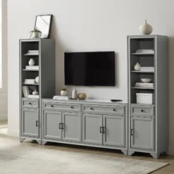 3pc Tara Entertainment Set With Open Shelving Distressed Gray - Crosley